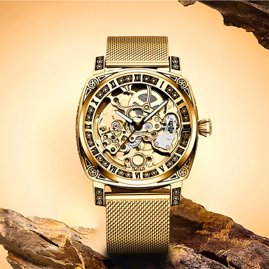 Herren Armbanduhr Automatik, Messing, Gold, Milanaise, Rund - Bild 3