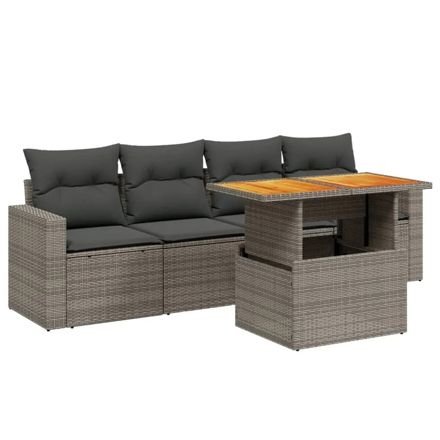 vidaXL 5-teilige Garten-Sofagarnitur aus Poly-Rattan und Akazienholz in Grau mit Kissen - Bild 2
