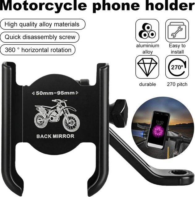 Drehbare Handyhalterung für Motorrad und Fahrrad in Schwarz zur Montage am Lenker oder Rückspiegel für Navigation und Freizeit - Bild 1