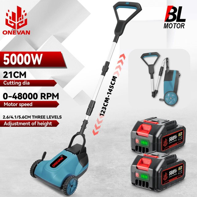 ONEVAN Bürstenloser elektrischer Rasenmäher und kabelloser Rasentrimmer in Blau, kompatibel mit Makita LXT 18V Akku, mit 3-facher Höhenverstellung - Bild 1