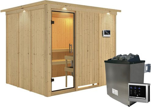 Karibu Sauna Jöhvi aus Fichtenholz in Beige inklusive 9 kW Saunaofen mit externer Steuerung für 4 Personen, B/T/H: 245 x 210 x 202 cm - Bild 1