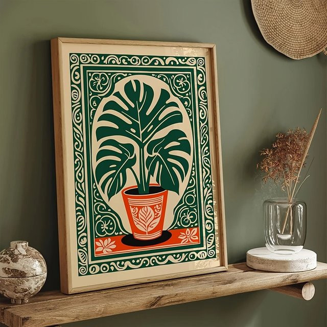 Potdemiel Leinwanddruck Monstera-Pflanze im Boho-Stil, Wandkunst mit grünem Blatt als Poster für dein Wohnzimmer - Bild 1