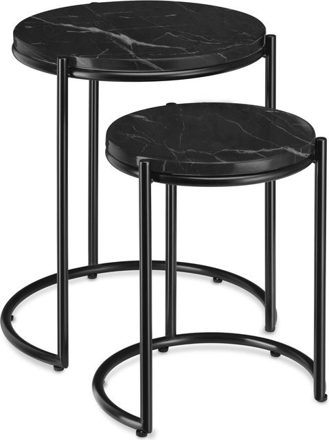 tectake Beistelltisch Ellsa 2er Set in Schwarz mit runden Platten in Marmoroptik, B/T/H: 43 x 43 x 50,5 cm - Bild 1