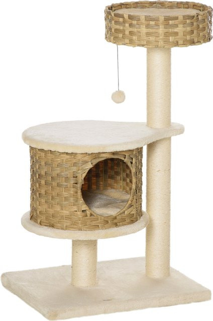PawHut Kratzbaum aus Rattan mit Katzenhöhle und Ballspielzeug in Natur und Beige - Bild 1