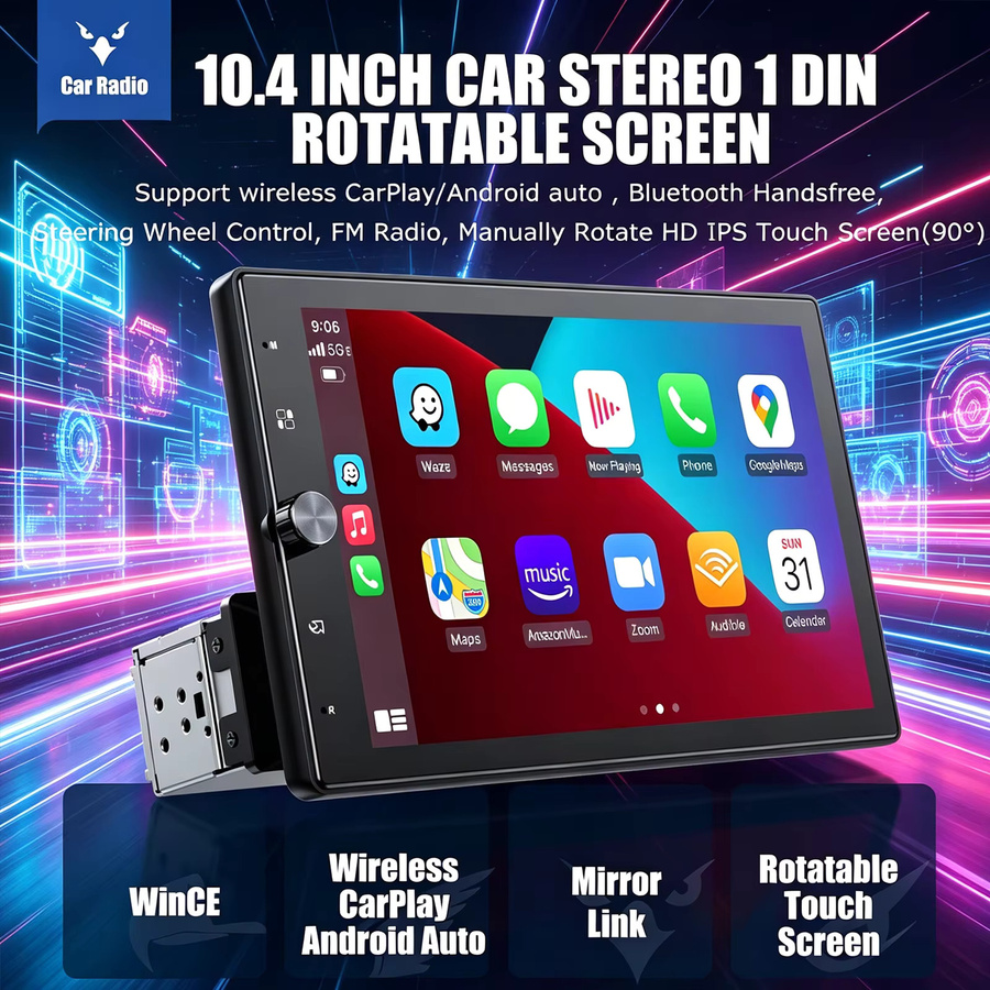 MOPECT 10,4 Zoll Single DIN Autoradio mit IPS Touchscreen, Apple CarPlay und Android Auto, Bluetooth, USB, AUX, TF, FM, Schwarz - Bild 2