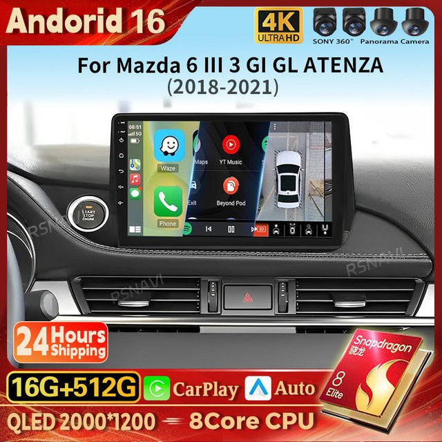 AIXNAVIS Android 16 Autoradio mit 2K Bildschirm und Carplay für Mazda 6 III 3 GJ GL 2018 - 2021, 16GB/512GB, Schwarz - Bild 1