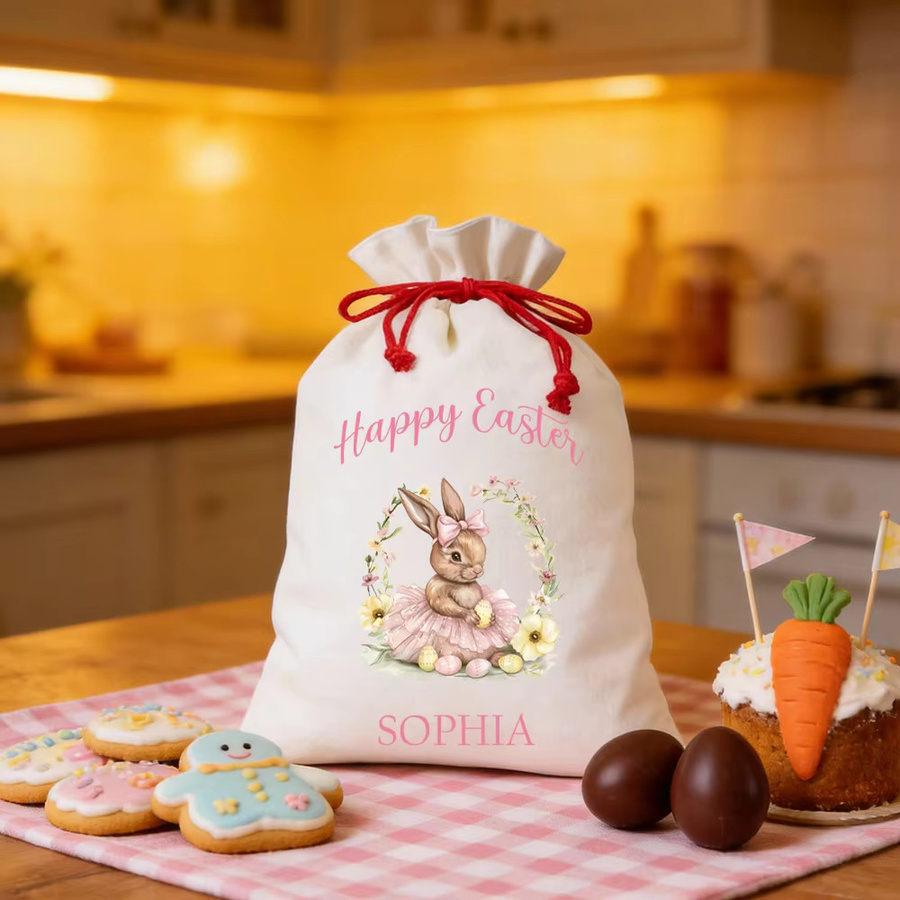 Personalisierter Oster-Geschenkbeutel aus Baumwolle mit Namen und Frühlings-Schleife, B/H: 30 x 40 cm - Bild 3