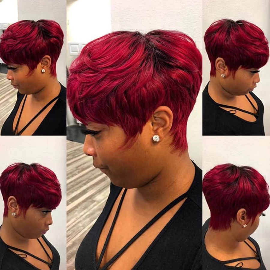OYM HAIR Pixie-Schnitt-Perücke, Remy-Echthaar, Burgundy, mit Pony, Damen - Bild 3