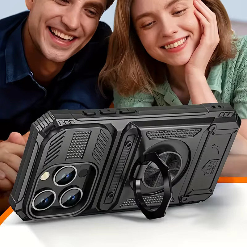 Robuste iPhone Hülle mit Kartenfach und Ständer in Schwarz für iPhone 17 bis iPhone 11 Modelle - Bild 3