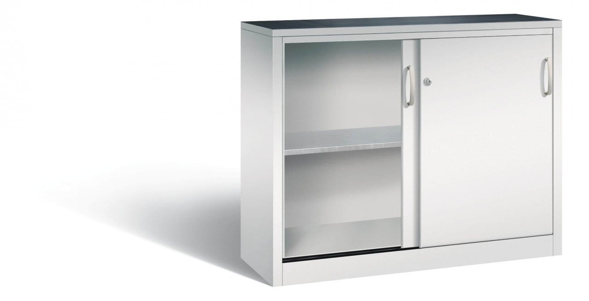 BIGBOXX Schiebetürenschrank Niedrig in Silber Matt mit Metalltüren und Regalböden - Bild 1