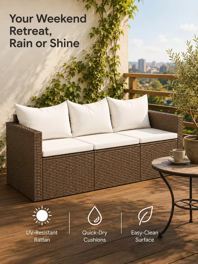 SUXI 3-Sitzer Gartensofa aus braunem Polyrattan mit Kissen für Terrasse und Balkon - Bild 6
