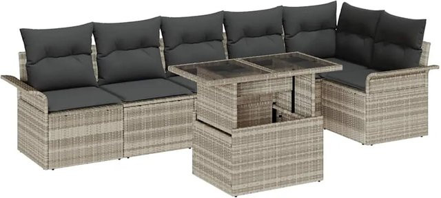 vidaXL 7-teiliges Garten Sofa Set aus Polyrattan in Hellgrau mit Kissen und Couchtisch für Balkon und Garten - Bild 1