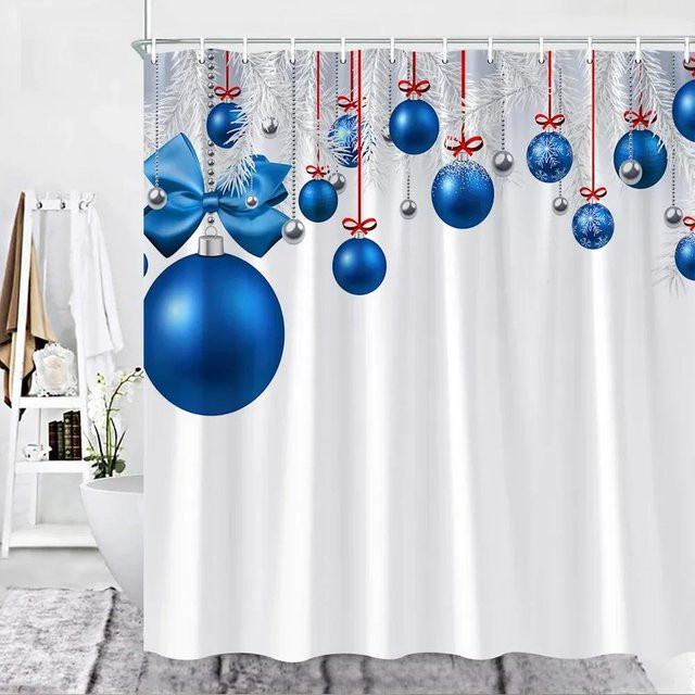 Weihnachts-Duschvorhang Set mit roten Weihnachtskugeln und Tanne in Blau, inklusive Haken, B/H: 90 x 180 cm - Bild 1
