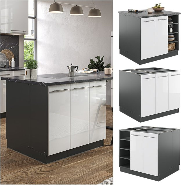 Vicco Kücheninsel Fame-Line Küchenblock in Anthrazit und Weiß, moderne Hochglanz Einbauküche mit Softclose-Scharnieren, Breite: 90 cm - Bild 1