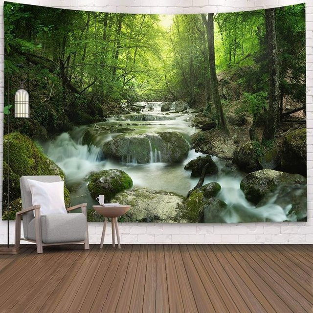 VIKAMA Wandteppich mit Naturmotiv Grüner Wald und Bach, Landschaft Wanddekoration für Wohnzimmer und Schlafzimmer, B: 60 cm, H: 40 cm - Bild 1