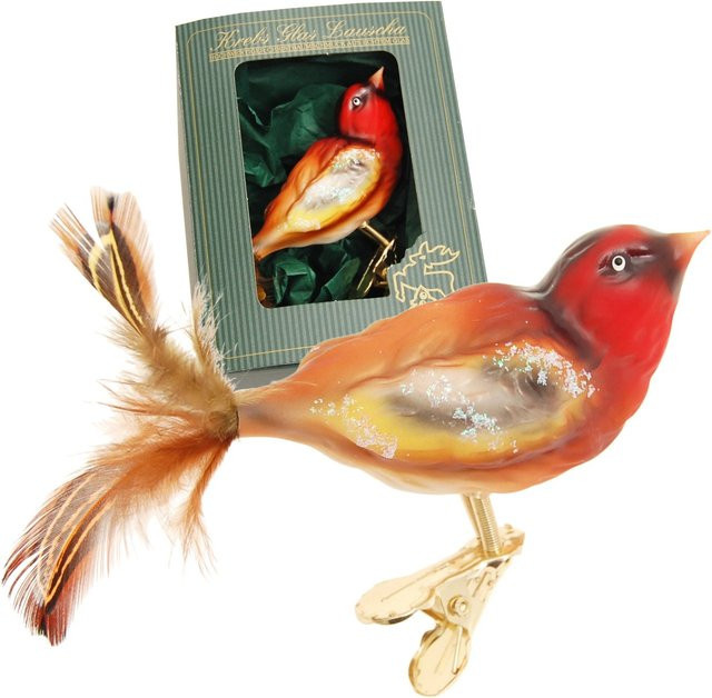 Krebs Glas Lauscha Weihnachtsornament Stieglitz Vogel in Rot und Orange, Durchmesser: 5 cm - Bild 1