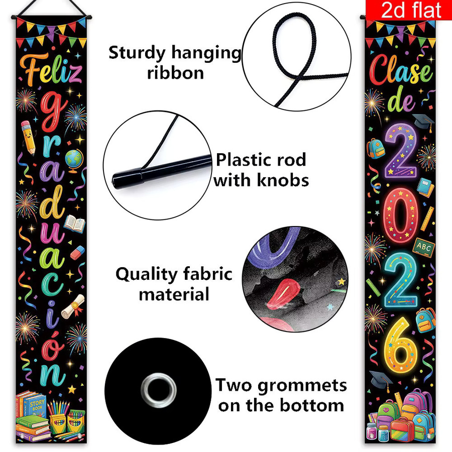 AFYPRTY Abschlussbanner Feliz Graduacion Klasse der 2026 in Schwarz im Neon-Stil aus Polyestergewebe zur Dekoration deiner Abschlussfeier - Bild 4