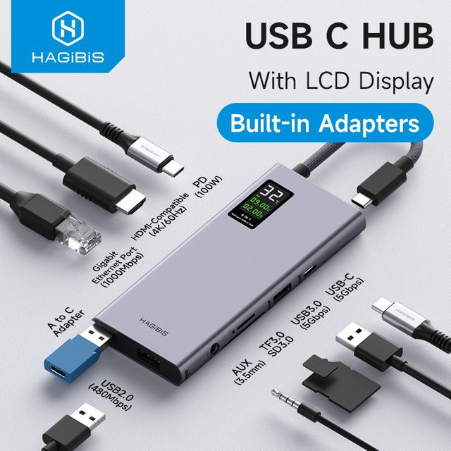 Hagibis USB C Hub Multiport-Adapter mit LCD-Display in Grau, 4K HDMI, 100W PD und Gigabit Ethernet für MacBook Pro und iPad - Bild 1