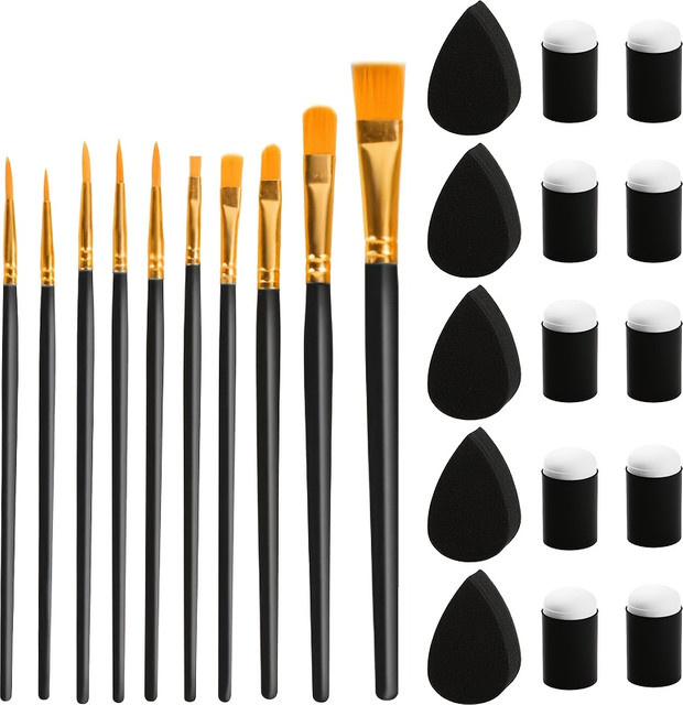 Set mit 10 Gesichtspinseln und 15 Gesichtsmalerei-Schwämmen in Multicolour für Körpermalerei, Öl, Aquarell und Tempera - Bild 1