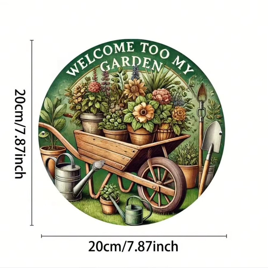 CIFBUY Retro Garten-Willkommensschild aus Metall in Weiß und Mehrfarbig, Rundes Wandkunst-Dekor mit floralem Design, Durchmesser: 19,81 cm - Bild 2