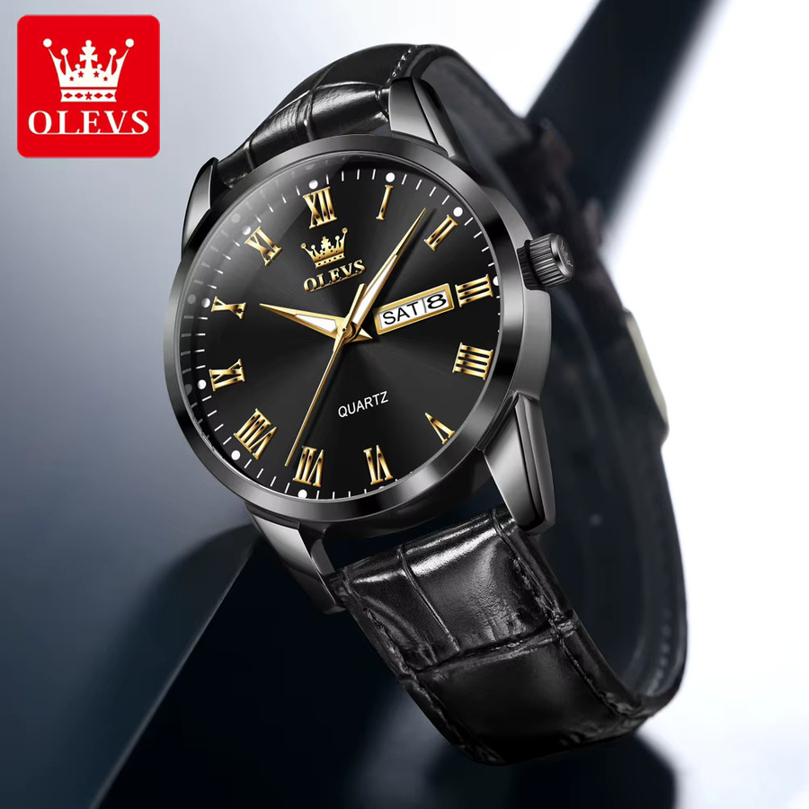 OLEVS Armbanduhr, Quarz, Leder, Gold, Bicolor, Herren - Bild 3
