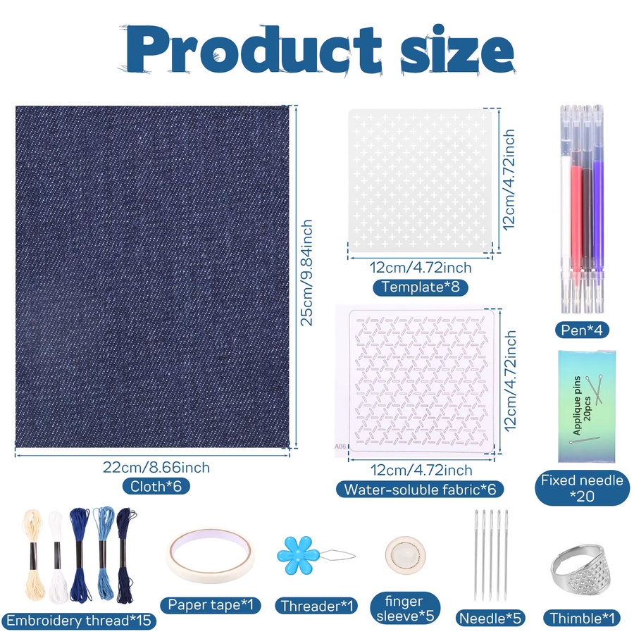 Sashiko-Stickerei-Set für Anfänger mit Schablonen, Faden, Nadeln, Fingerhut und Stoff-Fingerlingen zum Ausbessern - Bild 2