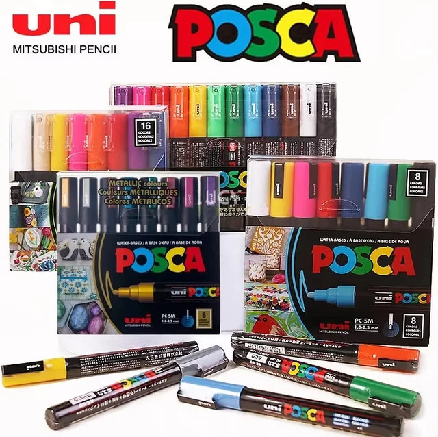 Uni Posca Acrylmarker Set mit reversiblen Spitzen für Kunstbedarf und Stoff, Mehrfarbig - Bild 1