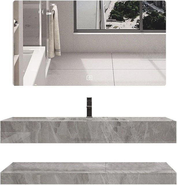 360Home Badezimmer Waschbecken Set mit LED Spiegel und Sinterstein Ablageplatte in Grau, B: 120 cm, T: 55 cm, H: 15 cm - Bild 1