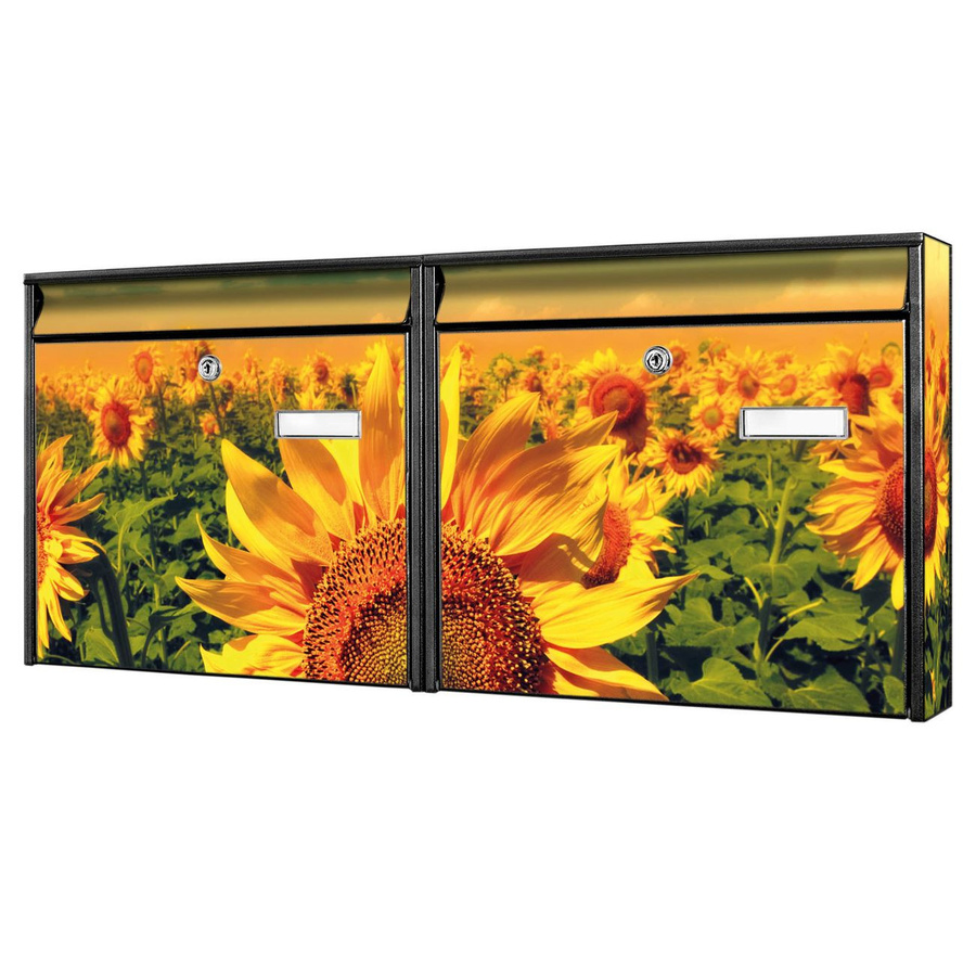 banjado Burg Wächter Doppelbriefkastenanlage mit Sonnenblumen-Motiv in Schwarz, erweiterbar und personalisierbar, B/T/H: 32,2 x 72,5 x 10,0 cm - Bild 1