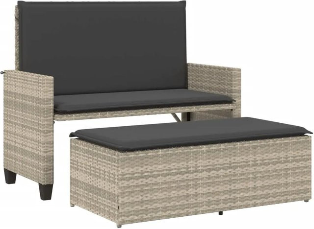 vidaXL Gartenbank mit Hocker und Kissen aus Poly Rattan in Hellgrau - Bild 1