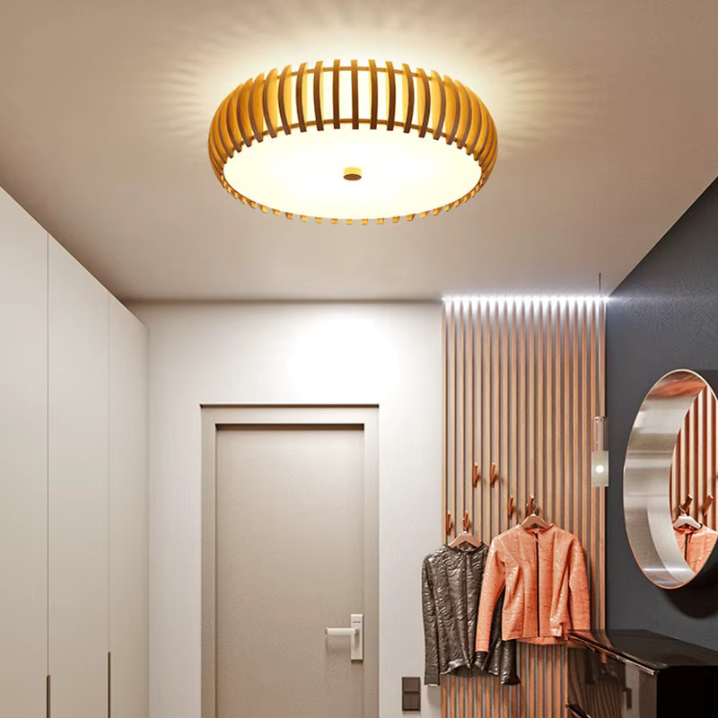 LINCCW Japanische Holz-Deckenlampe Runde Deckenleuchte mit E27-Fassung für Wohnzimmer, Schlafzimmer und Küche - Bild 2