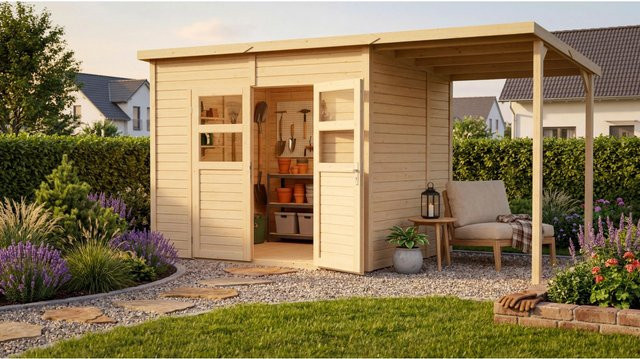 Bertilo Holz-Gartenhaus Felix 3 PLUS XL in Natural mit Flachdach und Boden - Bild 1