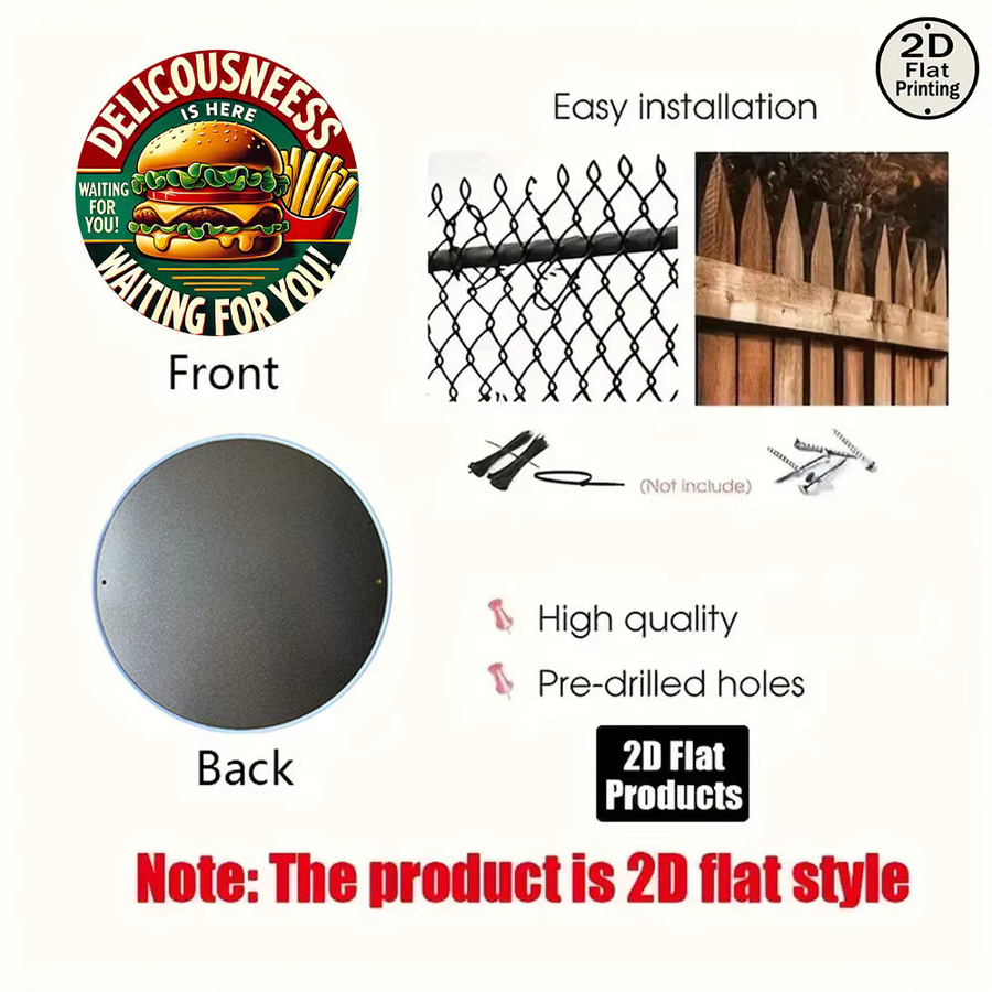 Potdemiel Vintage Metall-Wandblechschild rund Deliciousness is Here Burger & Fries Design, Mehrfarbig, Durchmesser: 20,32 cm - Bild 4