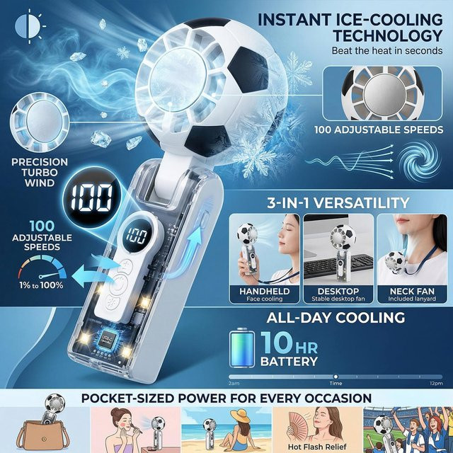 Fireurus Tragbarer Mini-Handventilator mit Halbleiter-Kühlung, LED-Anzeige und 10 Geschwindigkeitsstufen, 3600mAh Akku, USB-aufladbar, Weiß - Bild 1