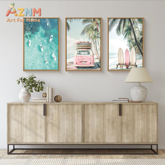 3-teiliges AZNM Leinwand-Wandbild Sommer-Surfbrett und Meeresblick in Mehrfarbig - Bild 1