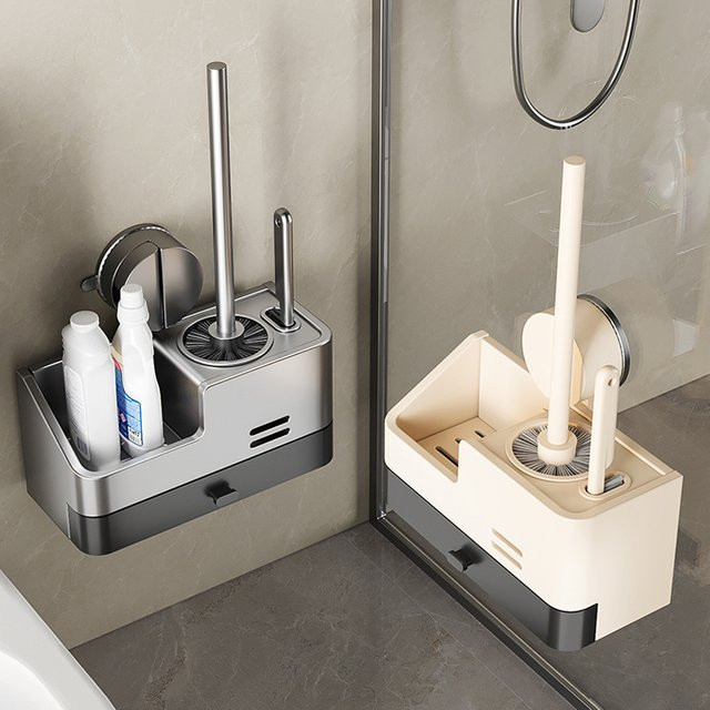 YUNJIEYA Wandmontiertes Badezimmer-Aufbewahrungsregal mit Toilettenbürste und Saugnapf, Schwarz - Bild 1