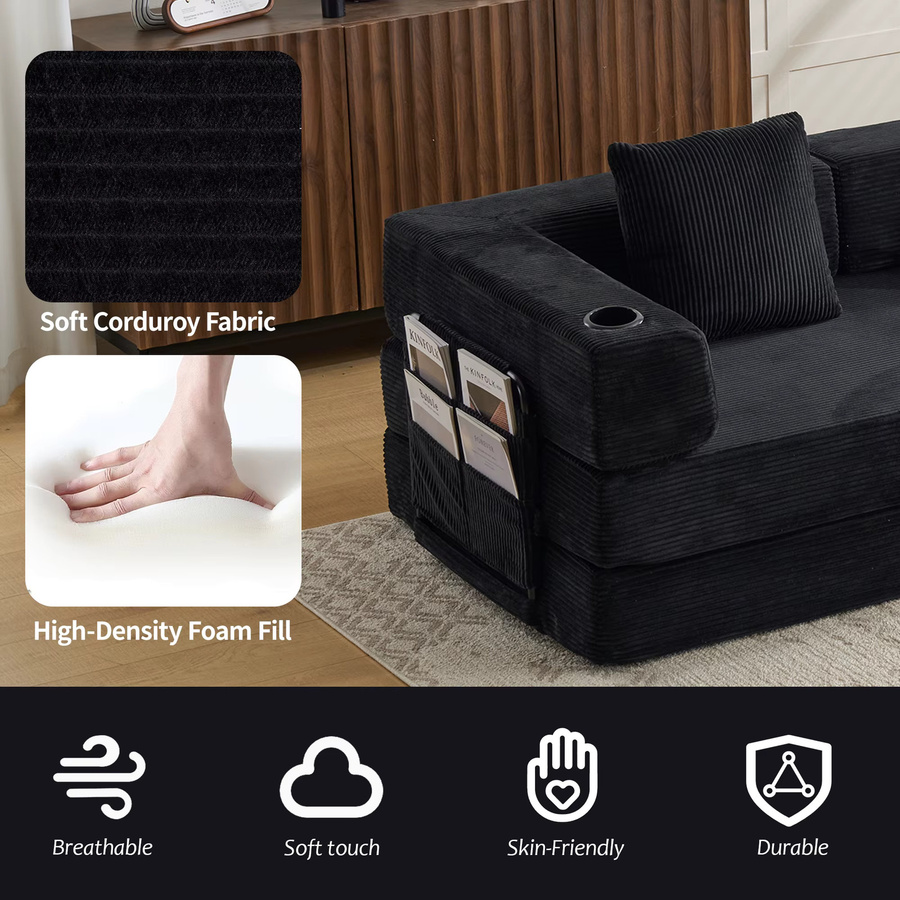 Vankel Modulares Cord-Bodensofa in Schwarz mit Getränkehalter und Aufbewahrungstasche, Wandelbare Eckcouch für das Wohnzimmer - Bild 5