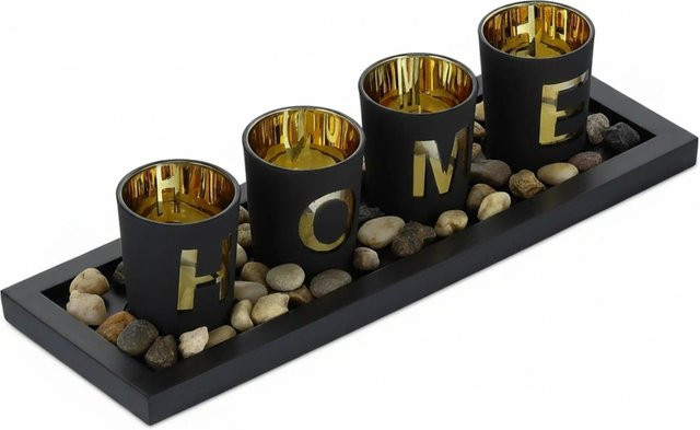 Relaxdays Teelichthalterset aus MDF, Glas und Stein in Schwarz und Gold mit Tablett, B/T/H: 33 x 11,5 x 7,5 cm - Bild 1