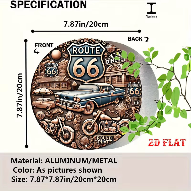 Potdemiel Vintage Route 66 Rundes Aluminiumschild in Blau mit Auto- und Motorrad-Design als Metallwandkunst für Garage und Zuhause, Durchmesser: 20 cm - Bild 2