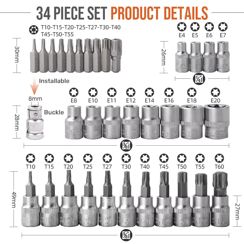 Hi-Spec Torx-Stern-Steckdosen- und Bit-Set mit Sechskant-Bits und E-Sicherheits-Bits, 19/29/34-teilig - Bild 2