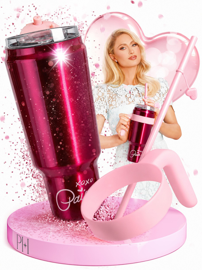 Paris Hilton Trinkbecher mit Strohhalm-Deckel und Herz-Design in Rot und Pink, 1 l - Bild 3