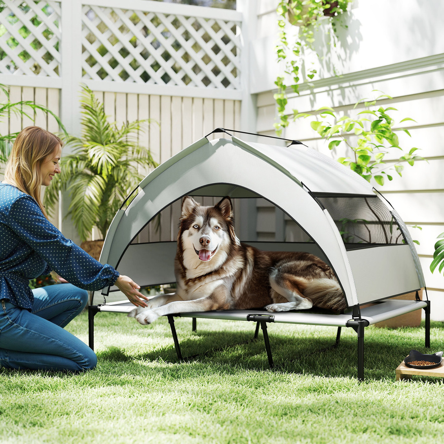 PawHut Hundeliege Outdoor mit Dach und Aufbewahrungstasche, erhöhtes Hundebett für extra große Hunde in Hellgrau, B/T/H: 122 x 92 x 94 cm, Marke Aosom - Bild 2