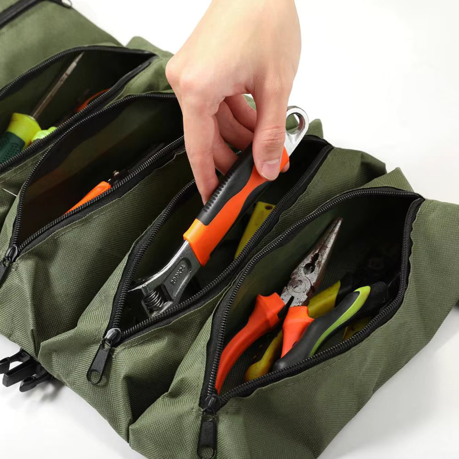 Mehrzweck-Roll-Up-Werkzeugtasche aus robustem Oxford-Canvas in Grün als faltbarer Multitool-Organizer für Elektriker und Tischler - Bild 4