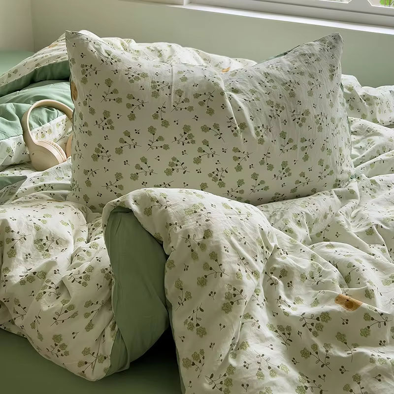 Dreamreal Bettwäsche Set Koreanische Retro Blumen aus 100% gewaschener Baumwolle in Grün - Bild 5