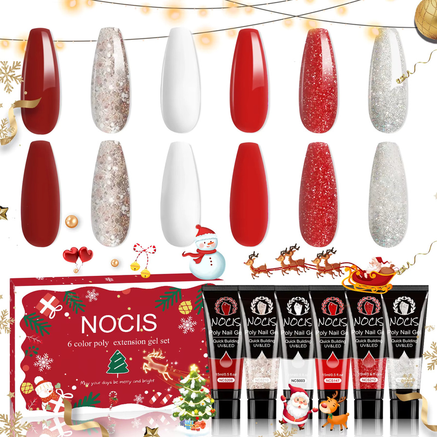 NOCIS Nagelgel 6-Farben-Set, glänzend, weiß, rot, glitzernd - Bild 4