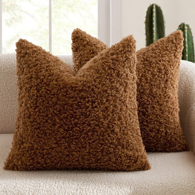 2er-Pack Teddy-Kunstfell-Kissenbezüge in Braun, quadratische Plüsch-Kissenbezüge im Boho-Stil für Sofa und Bett, B/T/H: 60 x 60 x 60 cm - Bild 1