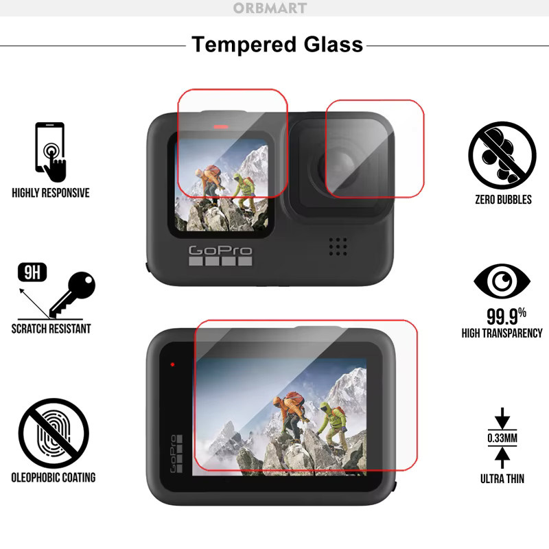 Objektivdeckel und Displayschutzfolie aus gehärtetem Glas für GoPro Hero 12, 11, 10 und 9 in Schwarz - Bild 3