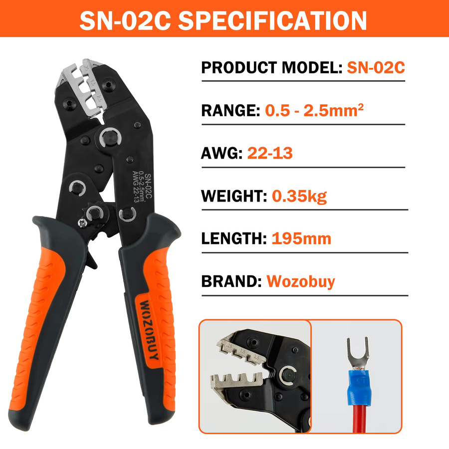 WOZOBUY SN-02C Crimpzange Ratschendraht-Crimper für isolierte Steckverbinder AWG22-13 Sortimentsset für Kabelschuhe, Ringe, Spaten und Stöße - Bild 2