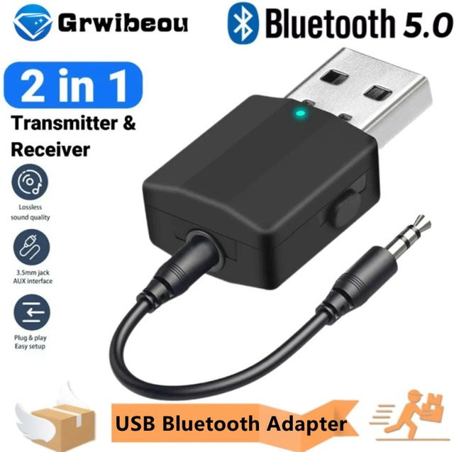 GRWIBEOU 2-in-1 USB Bluetooth 5.0 Adapter als Sender und Empfänger mit 3,5 mm AUX-Buchse in Schwarz - Bild 1
