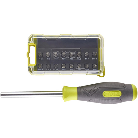 Ryobi One+ Schraubendreher mit 17-teiligem Bit-Satz in Grün-Grau
